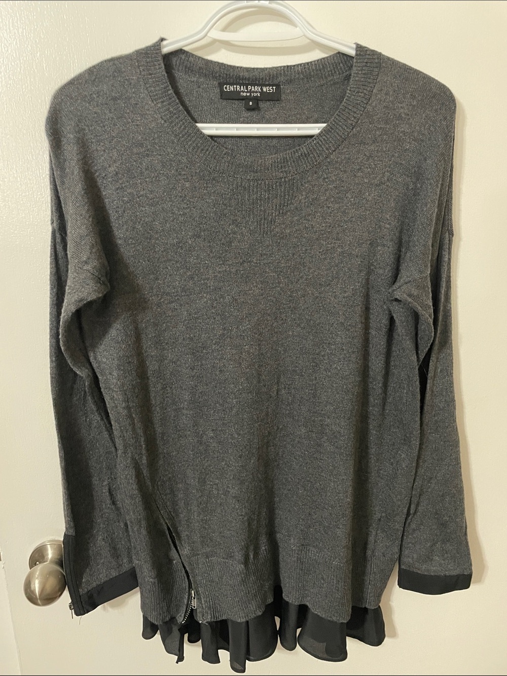 Central Park West Charcoal Grey Crewneck Sweater with Black Hem Detail Size S